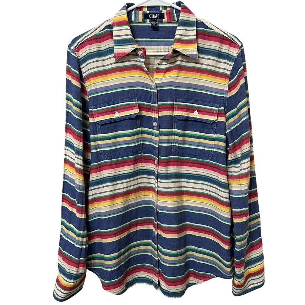Chaps Denim Women’s Sz Large Button Up Striped Shirt Super Soft Chambray